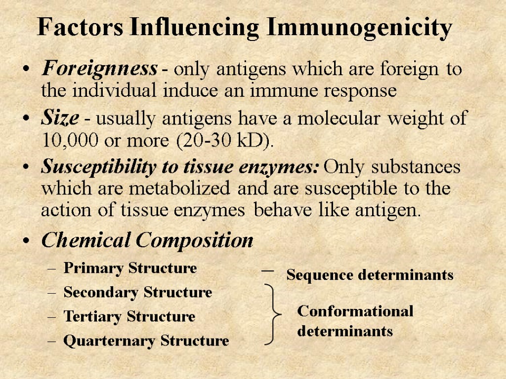 Factors Influencing Immunogenicity Foreignness - only antigens which are foreign to the individual induce